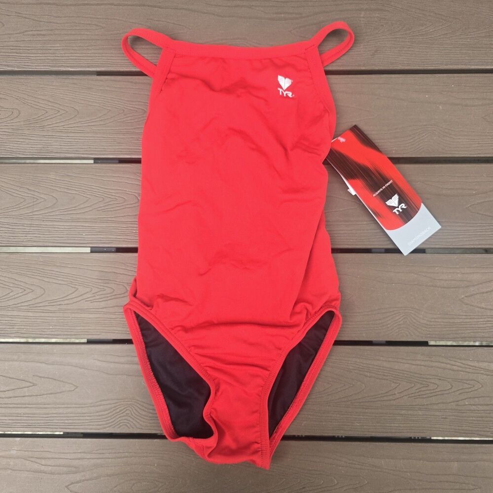 TYR Youth Girl's Durafast Solid Red Diamondfit One Piece Swim Sz 24 New